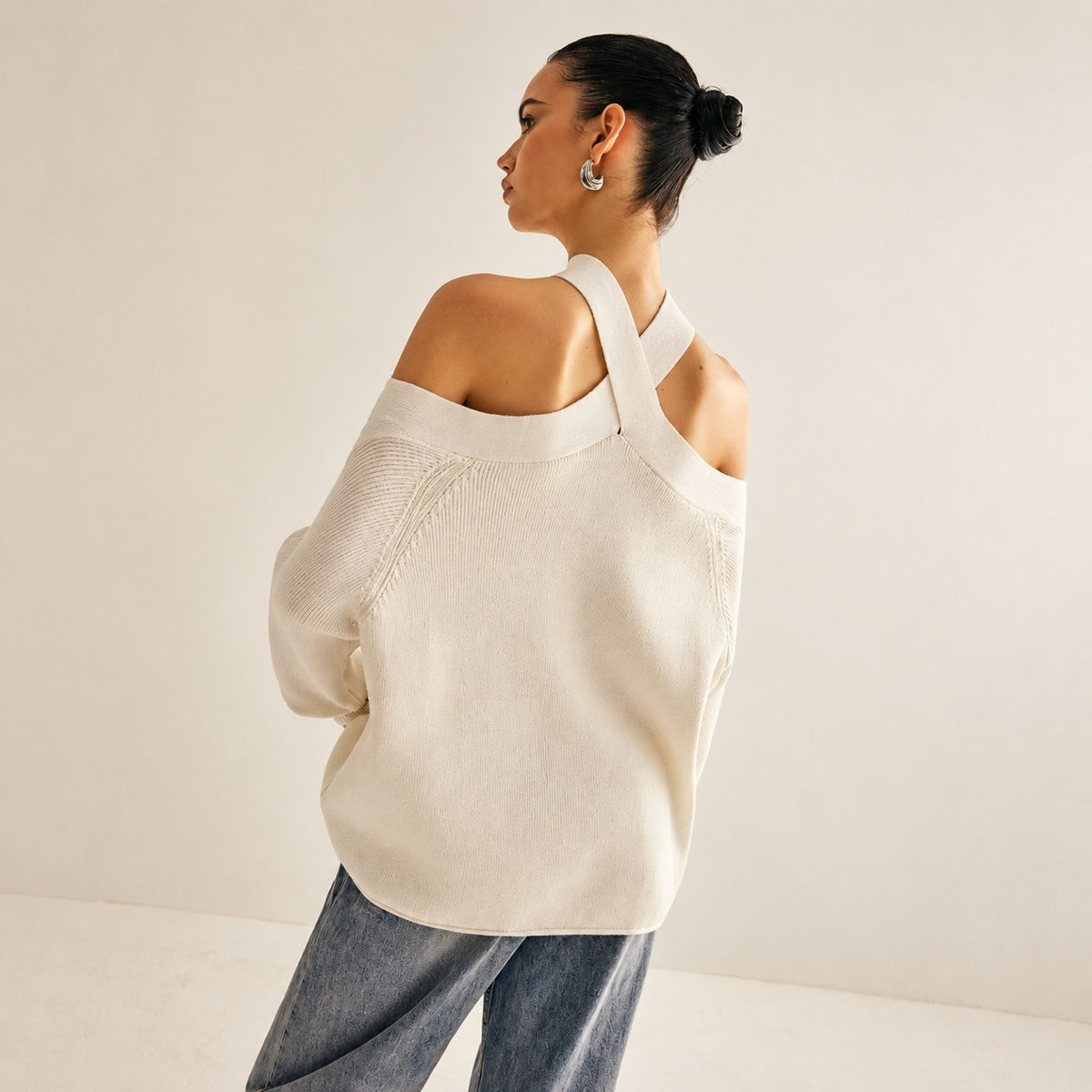 Sweater for Women Cross-Over Collar Cold-Shoulder Relaxed Fit