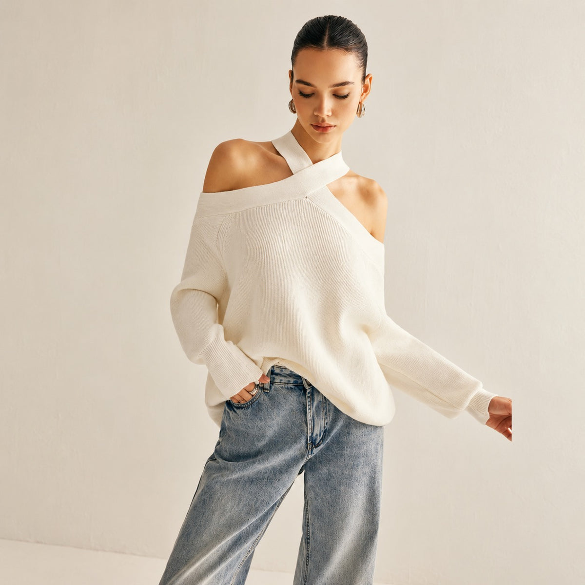Sweater for Women Cross-Over Collar Cold-Shoulder Relaxed Fit