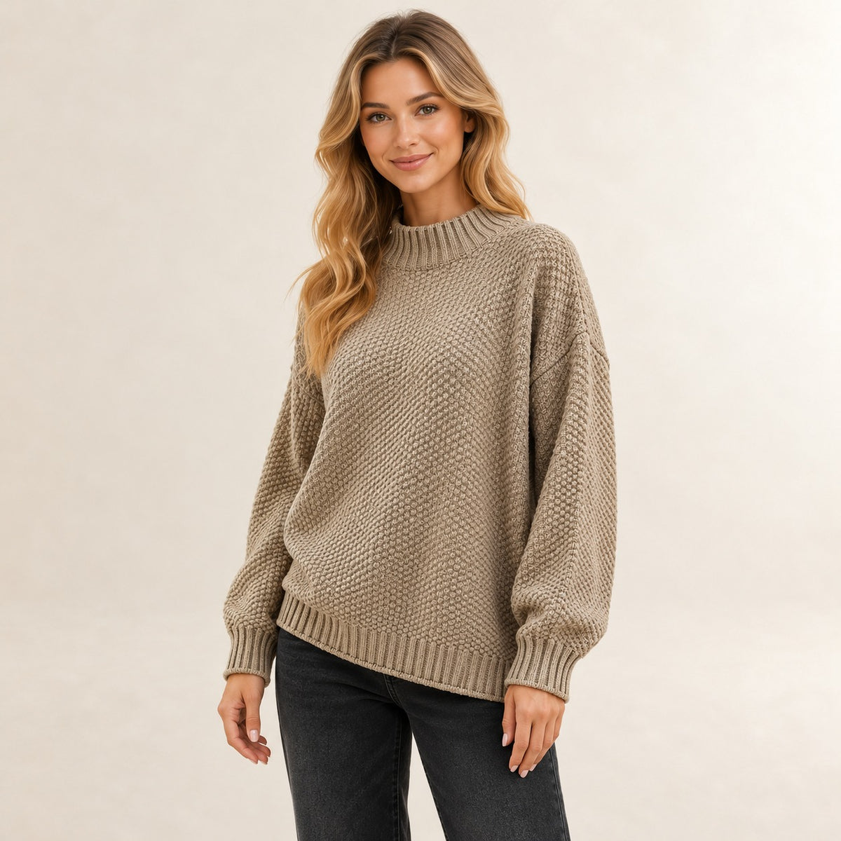 Sweater for Women, Ribbed Mock Neck, Textured Stitch Pattern, Relaxed Drop-Shoulder Fit