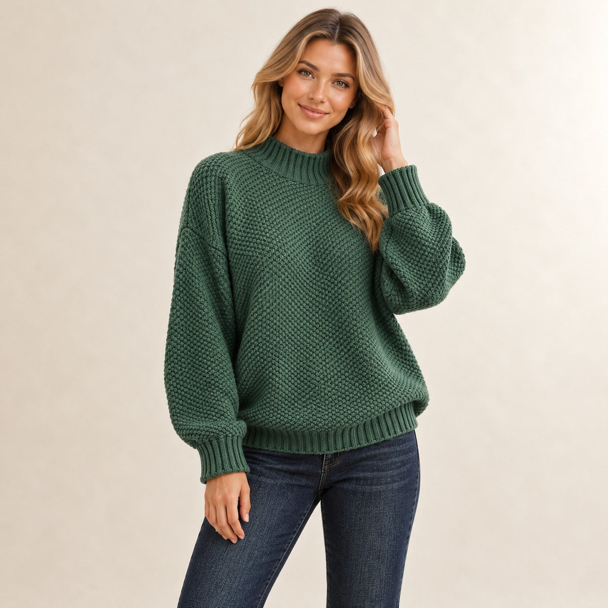 Sweater for Women, Ribbed Mock Neck, Textured Stitch Pattern, Relaxed Drop-Shoulder Fit