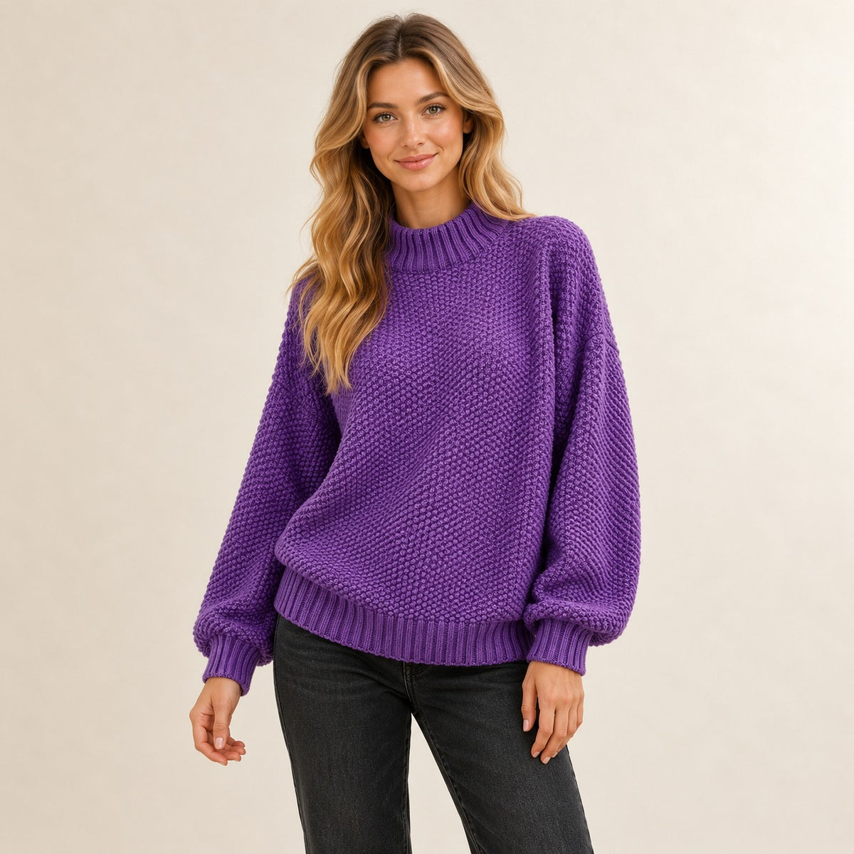 Sweater for Women, Ribbed Mock Neck, Textured Stitch Pattern, Relaxed Drop-Shoulder Fit