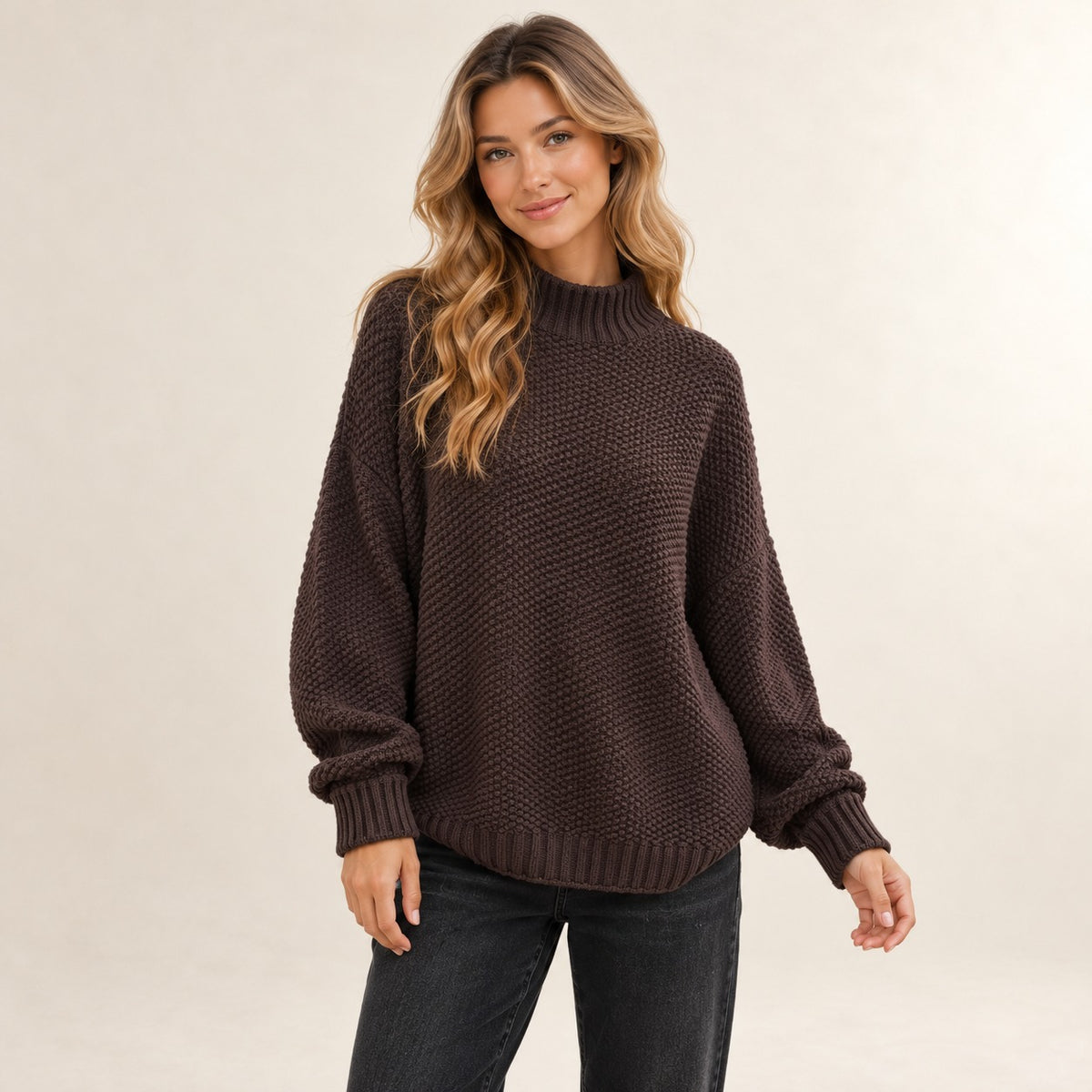 Sweater for Women, Ribbed Mock Neck, Textured Stitch Pattern, Relaxed Drop-Shoulder Fit
