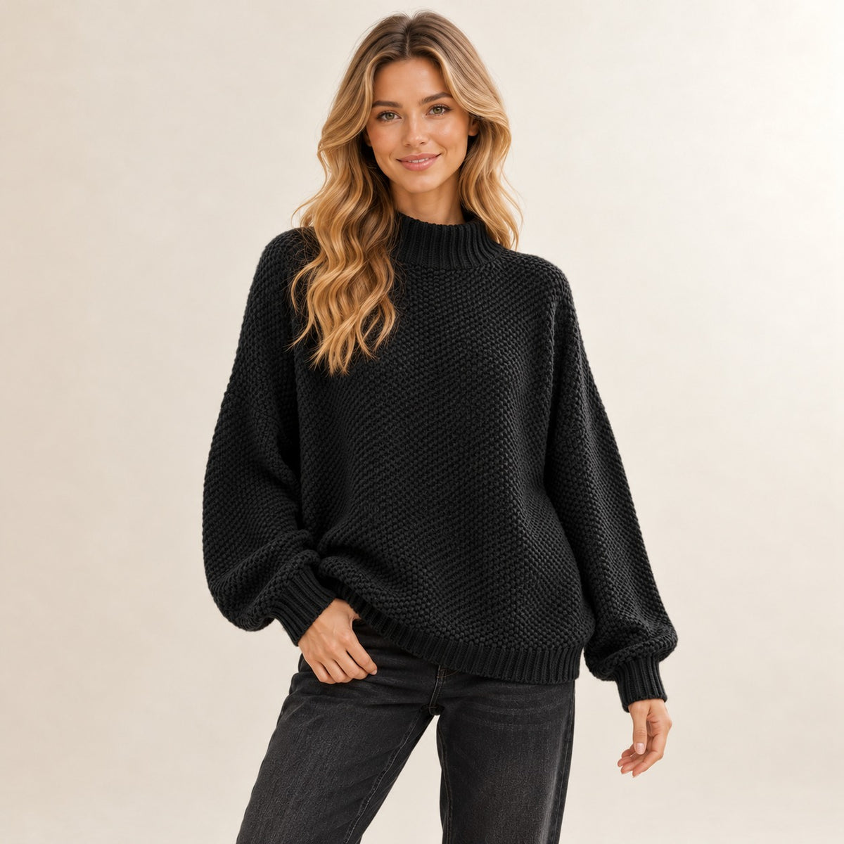 Sweater for Women, Ribbed Mock Neck, Textured Stitch Pattern, Relaxed Drop-Shoulder Fit