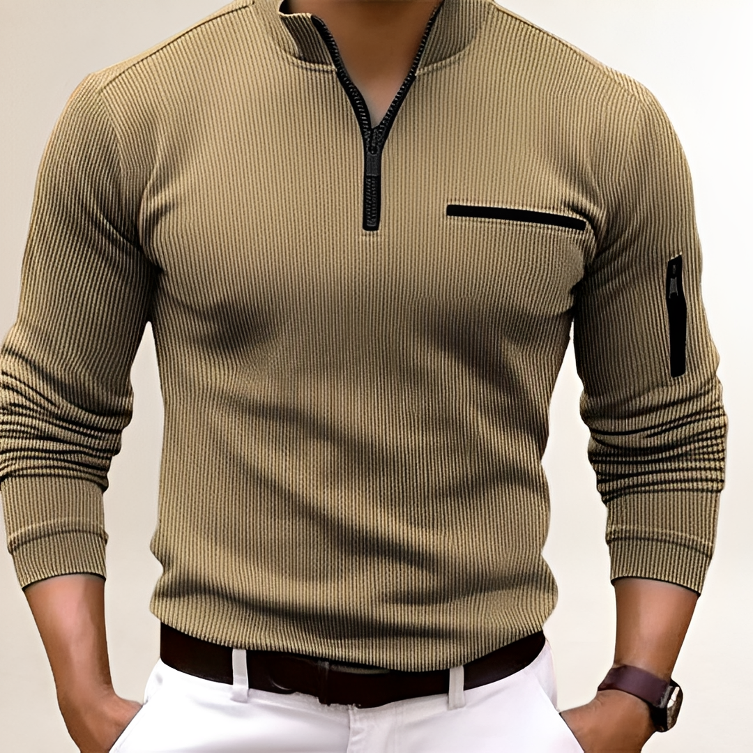 Sweater Men Zip Collar with Chest Pocket - Ribbed Design, Slim Fit