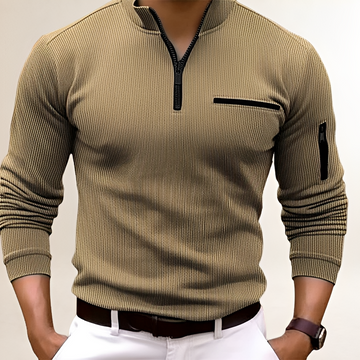 Sweater Men Zip Collar with Chest Pocket - Ribbed Design, Slim Fit