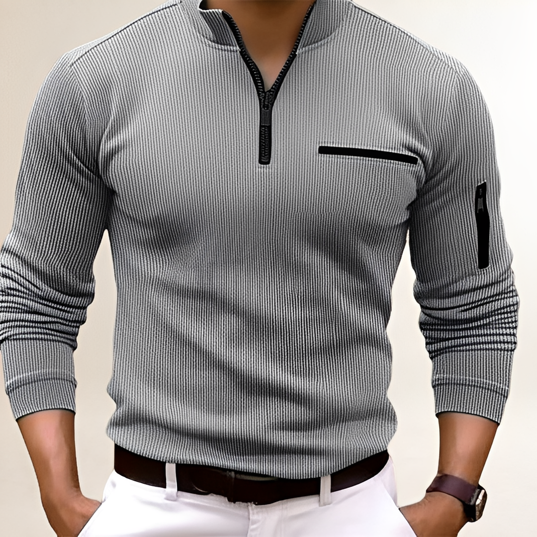 Sweater Men Zip Collar with Chest Pocket - Ribbed Design, Slim Fit