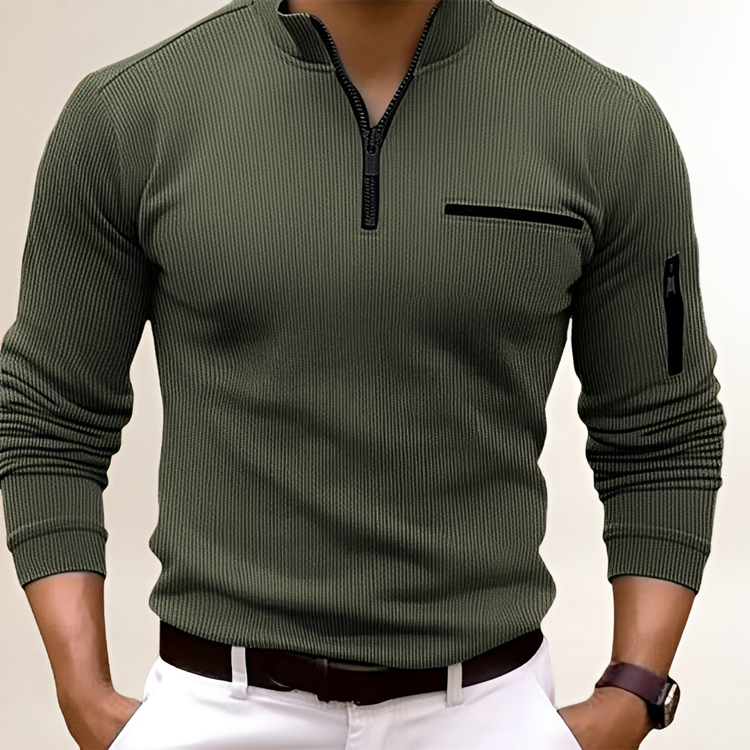 Sweater Men Zip Collar with Chest Pocket - Ribbed Design, Slim Fit