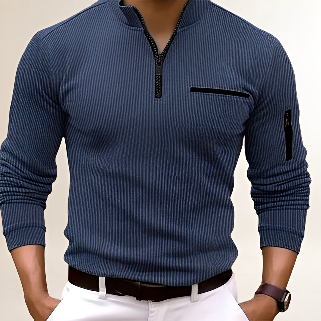 Sweater Men Zip Collar with Chest Pocket - Ribbed Design, Slim Fit