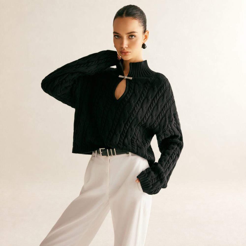 Sweater Women Keyhole Neckline Long Sleeve - Regular Fit High Collar