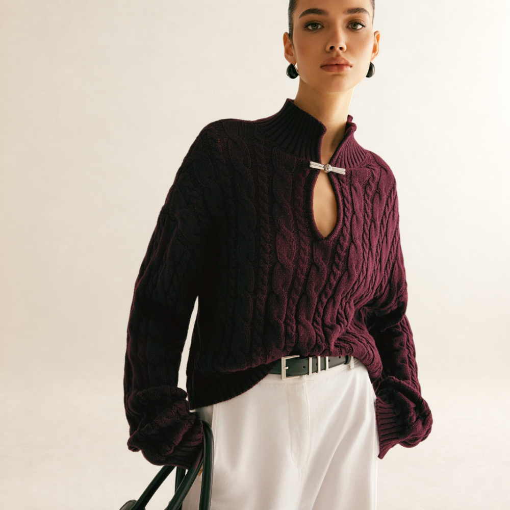 Sweater Women Keyhole Neckline Long Sleeve - Regular Fit High Collar
