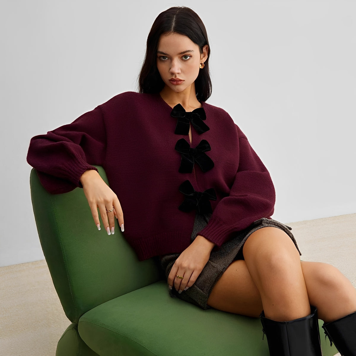 Sweater Women Lantern Sleeve Bow Detail Cardigan - Relaxed Fit