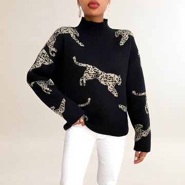 Sweater Women Leopard Print High Neck Regular Fit Pullover