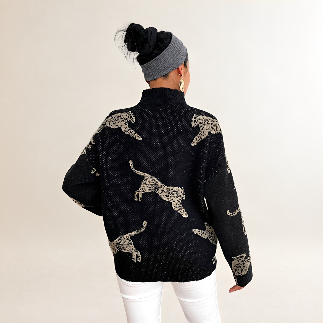 Sweater Women Leopard Print High Neck Regular Fit Pullover