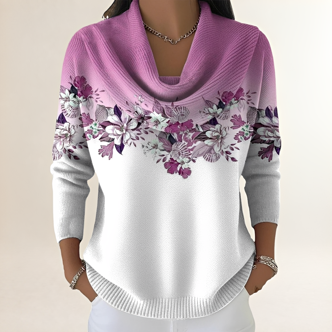 Sweater Women's Cowl-Neck Floral Yoke Long-Sleeve Relaxed Fit