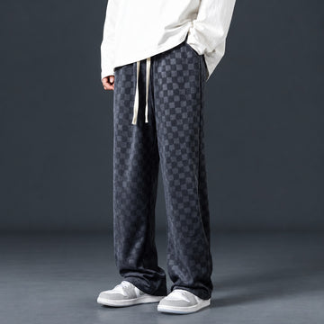 Sweatpants Men Checkered Pattern Elastic Waistband Loose Fit