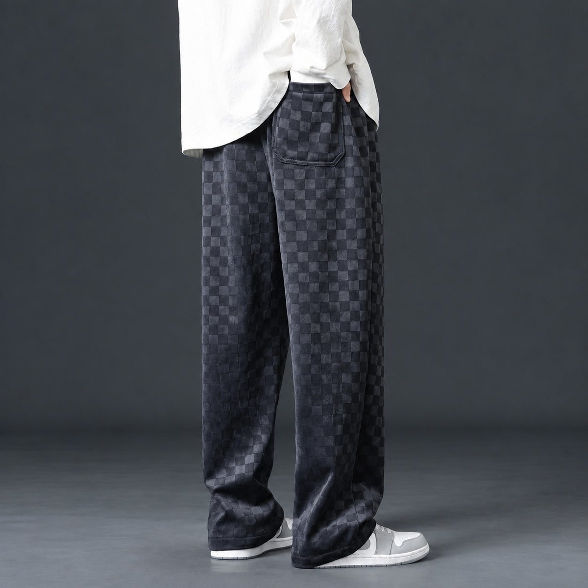 Sweatpants Men Checkered Pattern Elastic Waistband Loose Fit