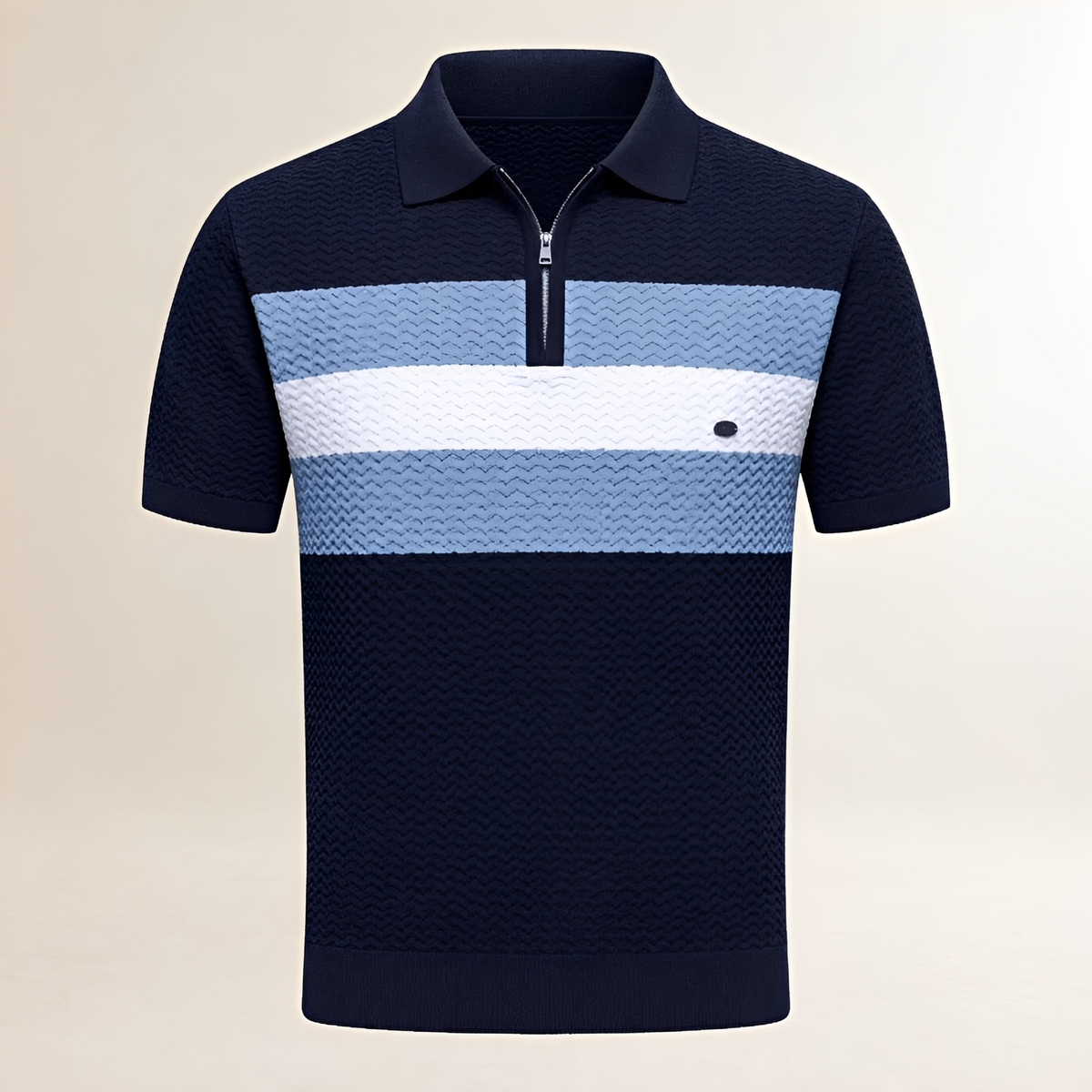 T-Shirt Men's Polo Collar Short-Sleeve Quarter-Zip, Wavy Textured Pattern with Horizontal Chest Stripes