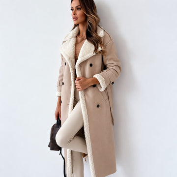 Teddy Coat Women - Double-Breasted, Long Sleeve, Belted Design, Oversized Fit