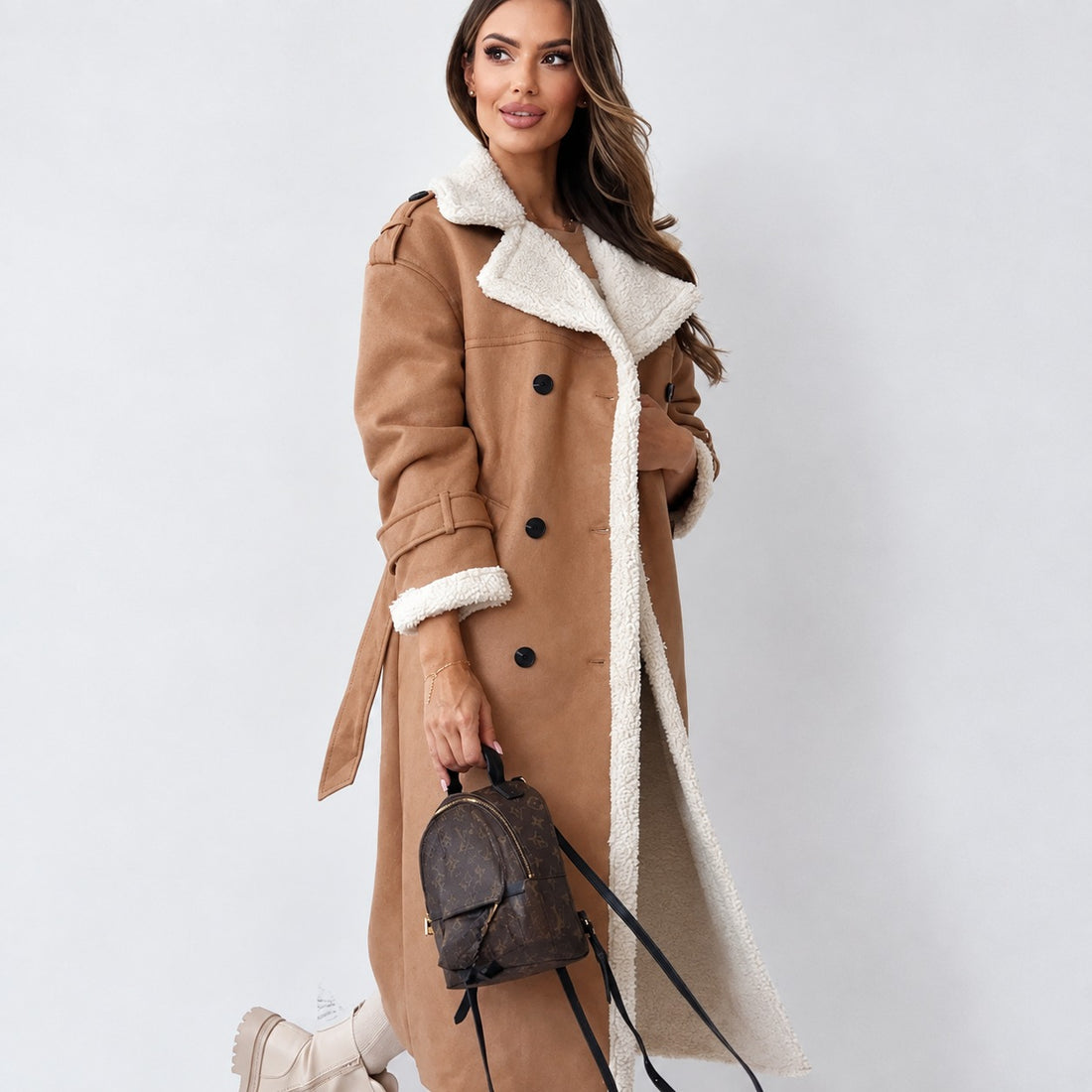 Teddy Coat Women - Double-Breasted, Long Sleeve, Belted Design, Oversized Fit