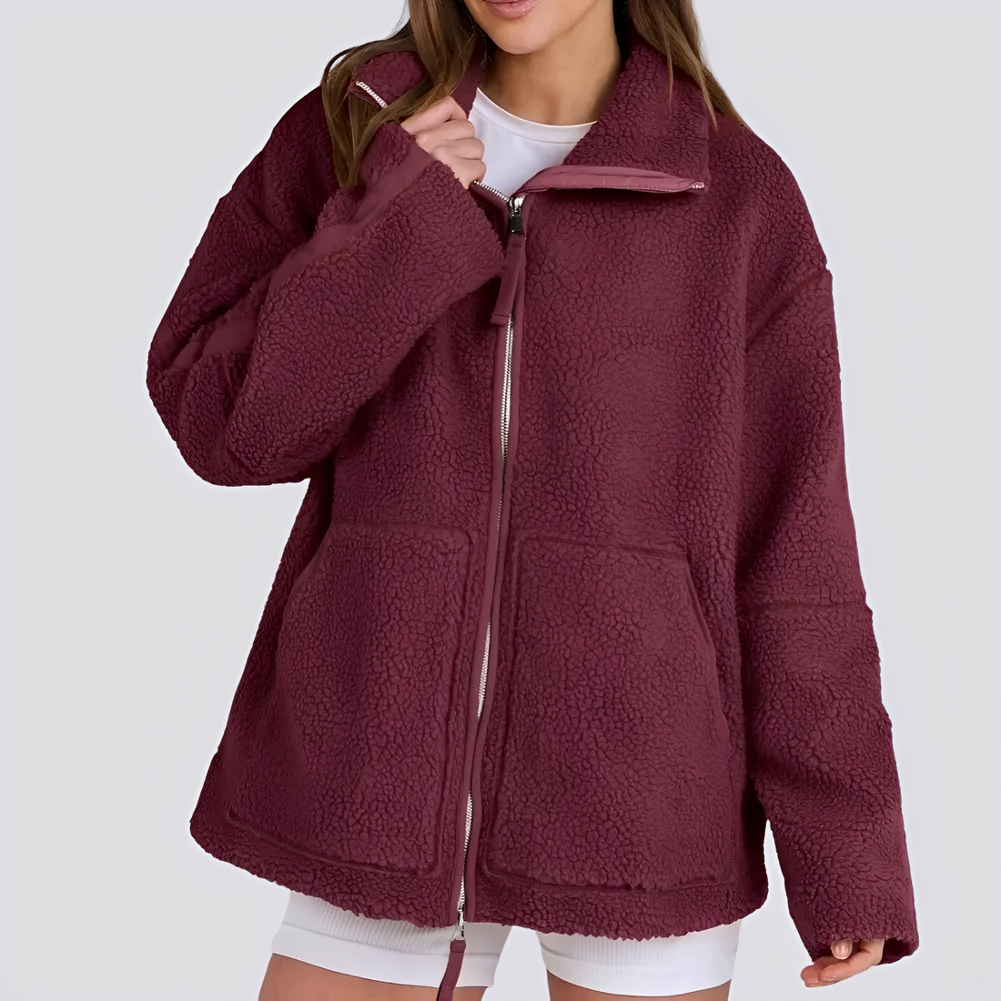 Teddy Jacket for Women - Oversized Fit with Zip Closure and Pockets