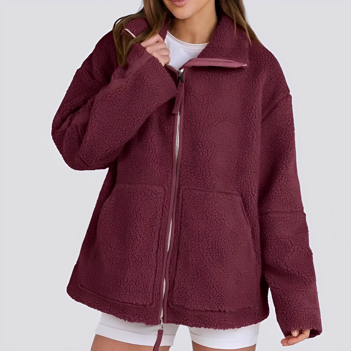 Teddy Jacket for Women - Oversized Fit with Zip Closure and Pockets