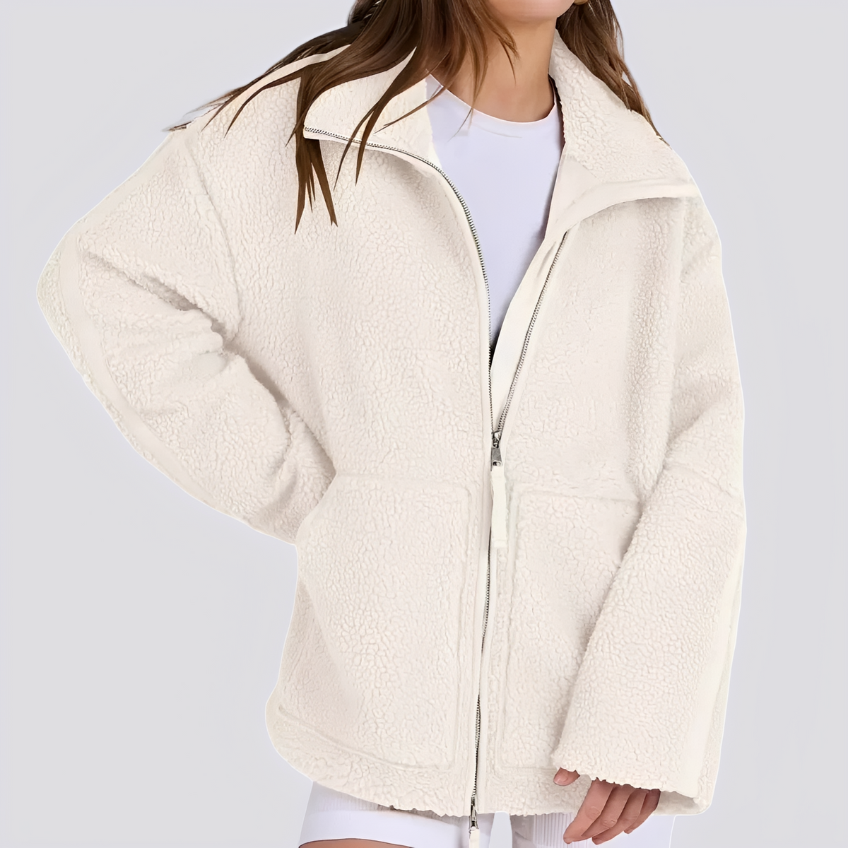 Teddy Jacket for Women - Oversized Fit with Zip Closure and Pockets
