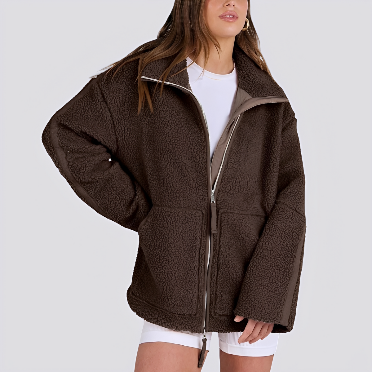 Teddy Jacket for Women - Oversized Fit with Zip Closure and Pockets
