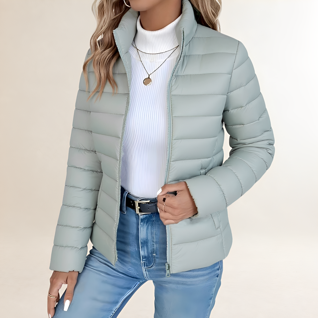 Transitional Jacket for Women - Zip-Up, Stand Collar, Slim Fit, Padded Design