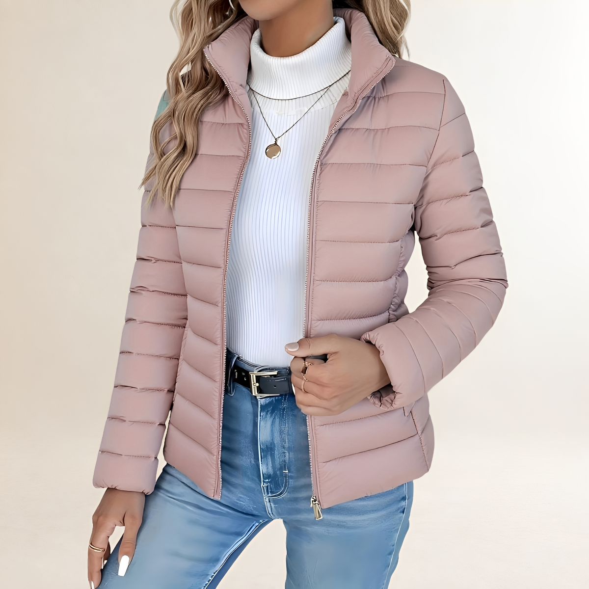 Transitional Jacket for Women - Zip-Up, Stand Collar, Slim Fit, Padded Design