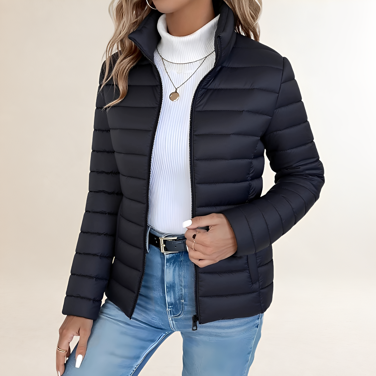 Transitional Jacket for Women - Zip-Up, Stand Collar, Slim Fit, Padded Design