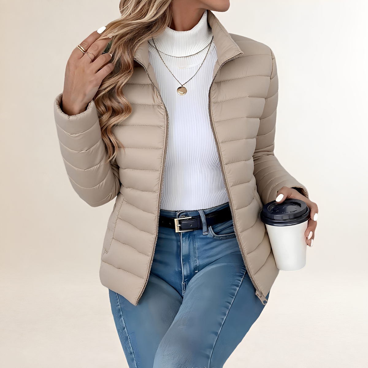 Transitional Jacket for Women - Zip-Up, Stand Collar, Slim Fit, Padded Design