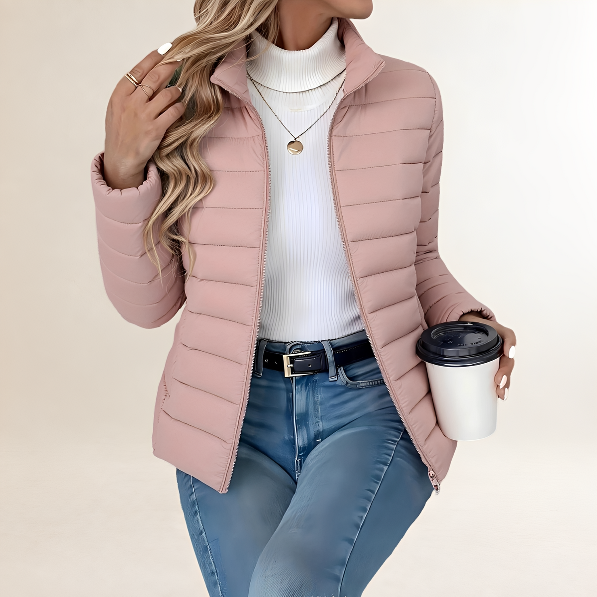Transitional Jacket for Women - Zip-Up, Stand Collar, Slim Fit, Padded Design