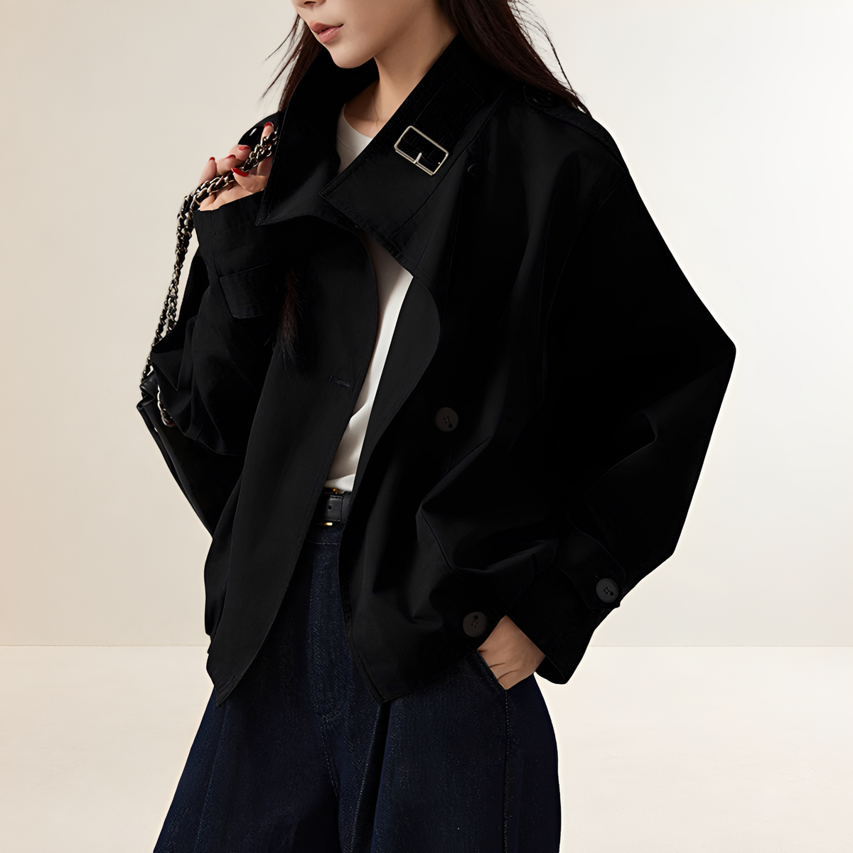 Trench Coat Women Oversized Fit Long Sleeve - Double-Breasted Design