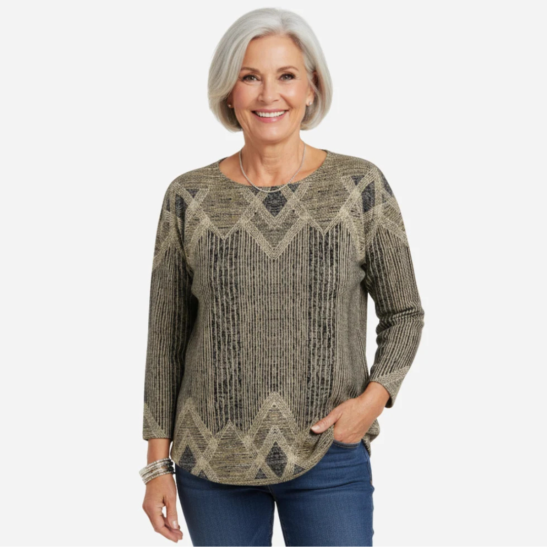 Tunic blouse, Women's long-sleeve round neck, relaxed fit with geometric diamond pattern