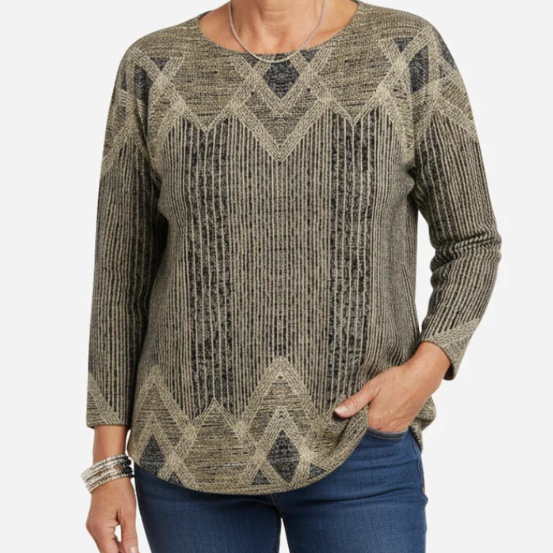 Tunic blouse, Women's long-sleeve round neck, relaxed fit with geometric diamond pattern