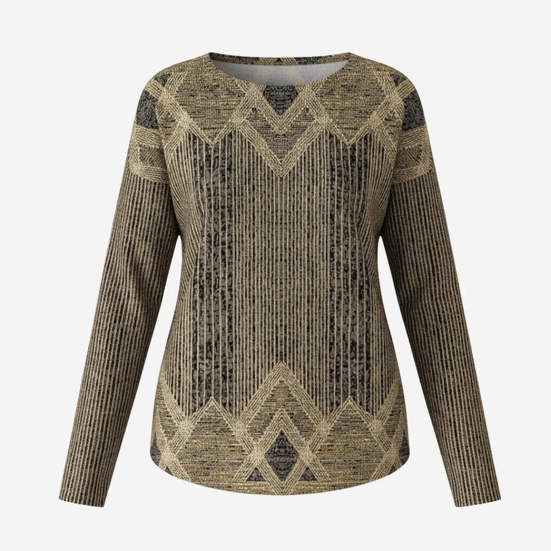 Tunic blouse, Women's long-sleeve round neck, relaxed fit with geometric diamond pattern
