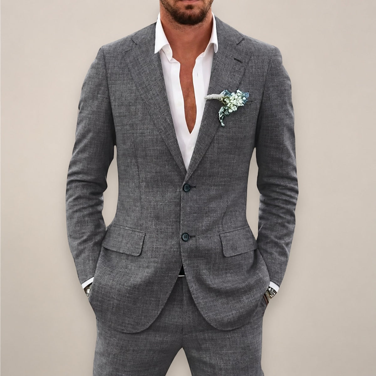 Two-Piece Suit Set for Men Single-Breasted Blazer with Trousers - Tailored Fit