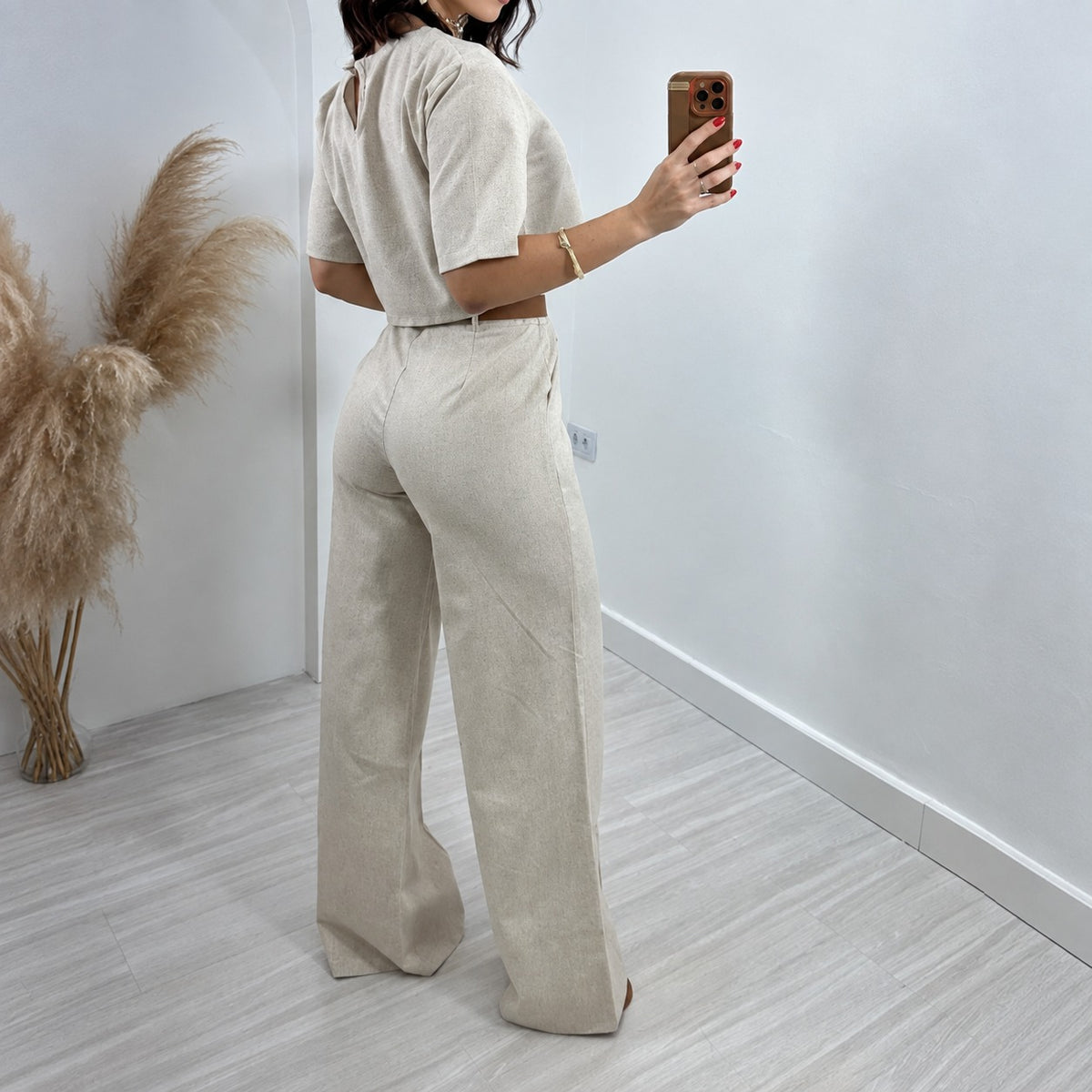 Two-Piece Suit Set for Women - Cropped Top and High-Waisted Wide Leg Trousers
