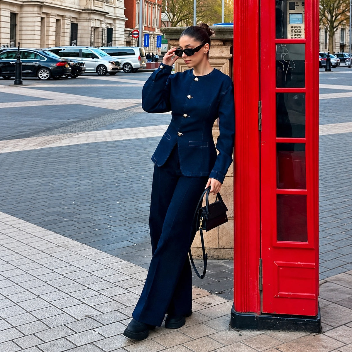 Two-Piece Suit Set for Women Jacket and Wide Leg Pants - Structured Fit