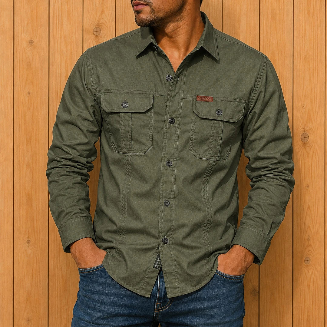 Utility Button-Up Shirt for Men - Long Sleeve, Dual Chest Pockets, Button Closure, Regular Fit