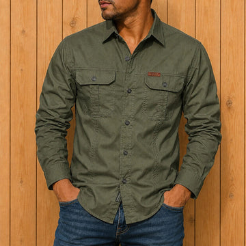 Utility Button-Up Shirt for Men - Long Sleeve, Dual Chest Pockets, Button Closure, Regular Fit