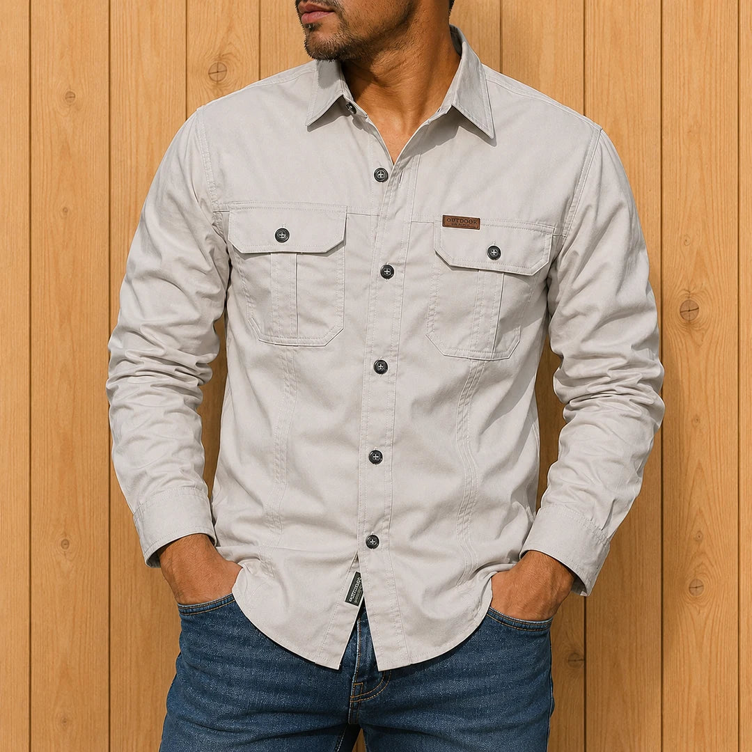 Utility Button-Up Shirt for Men - Long Sleeve, Dual Chest Pockets, Button Closure, Regular Fit