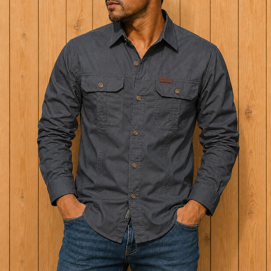 Utility Button-Up Shirt for Men - Long Sleeve, Dual Chest Pockets, Button Closure, Regular Fit