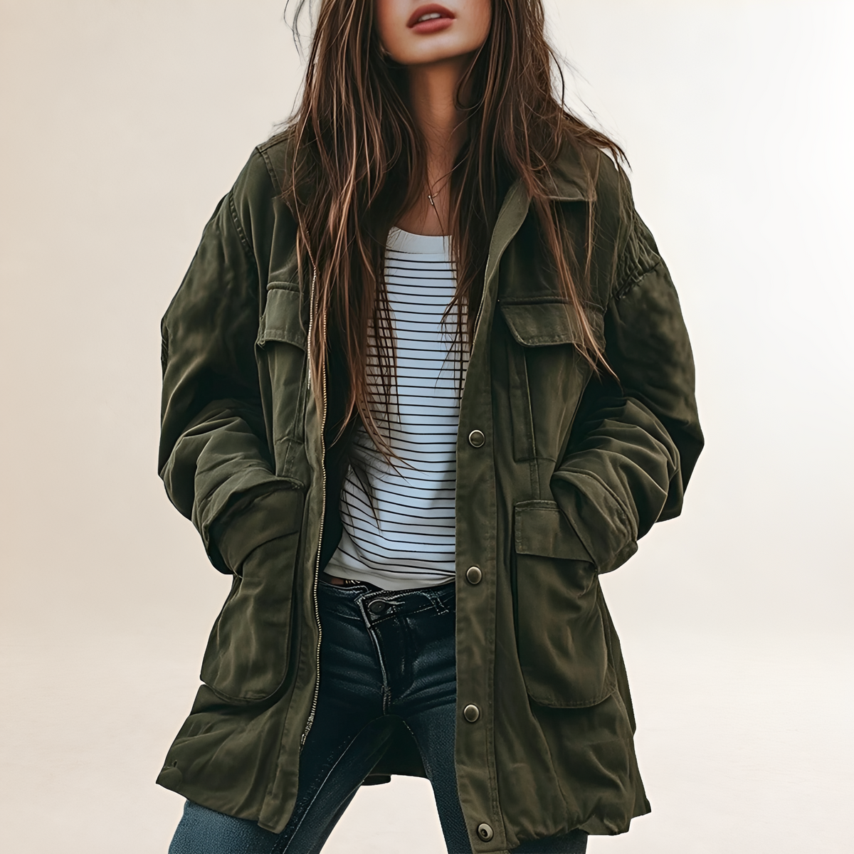 Utility Jacket for Women - Military-Inspired Design with Hood and Pockets - Relaxed Fit