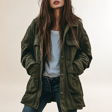 Utility Jacket for Women - Military-Inspired Design with Hood and Pockets - Relaxed Fit