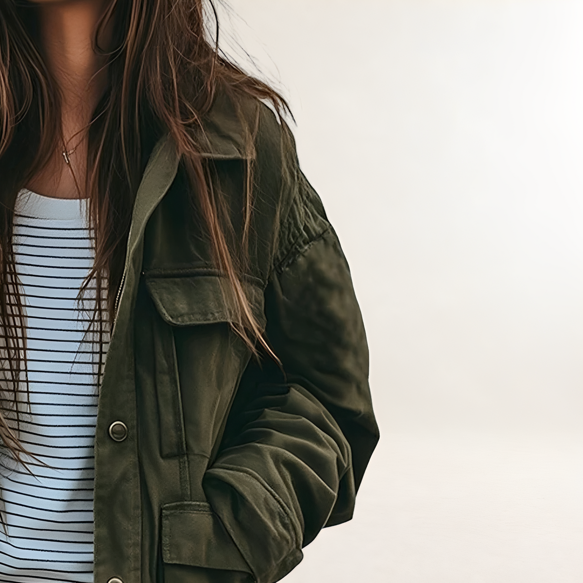 Utility Jacket for Women - Military-Inspired Design with Hood and Pockets - Relaxed Fit