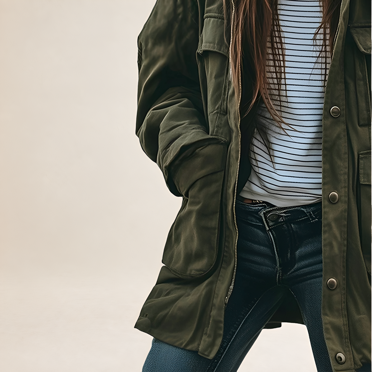 Utility Jacket for Women - Military-Inspired Design with Hood and Pockets - Relaxed Fit