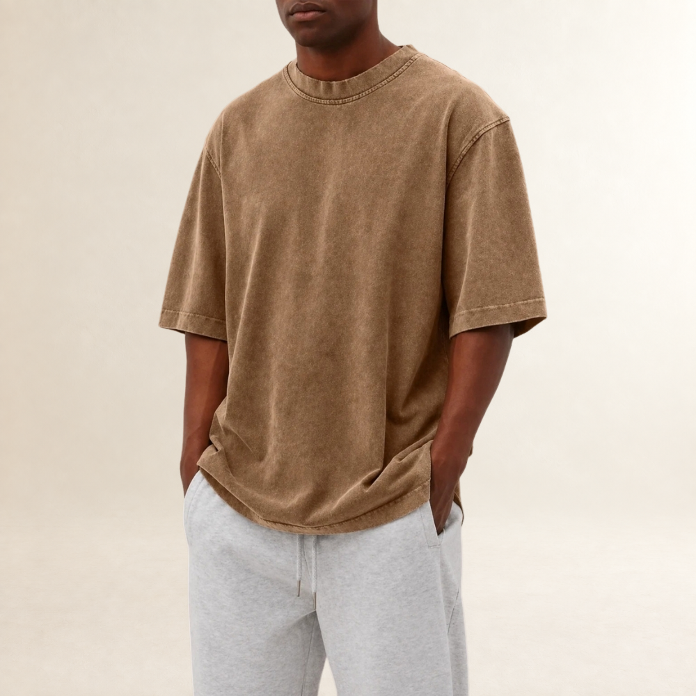 Washed T-Shirt for Men - Relaxed Fit with Short Sleeves and Round Neck