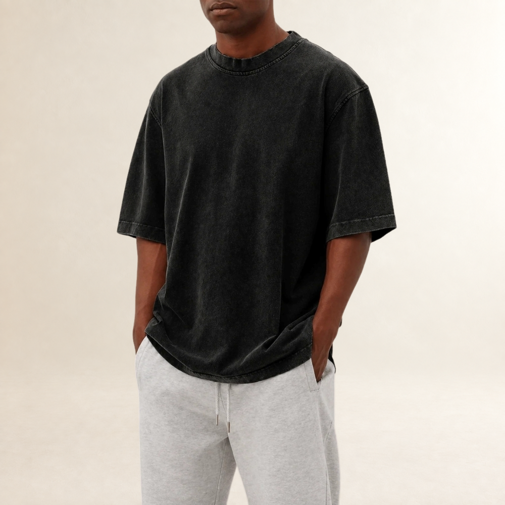 Washed T-Shirt for Men - Relaxed Fit with Short Sleeves and Round Neck