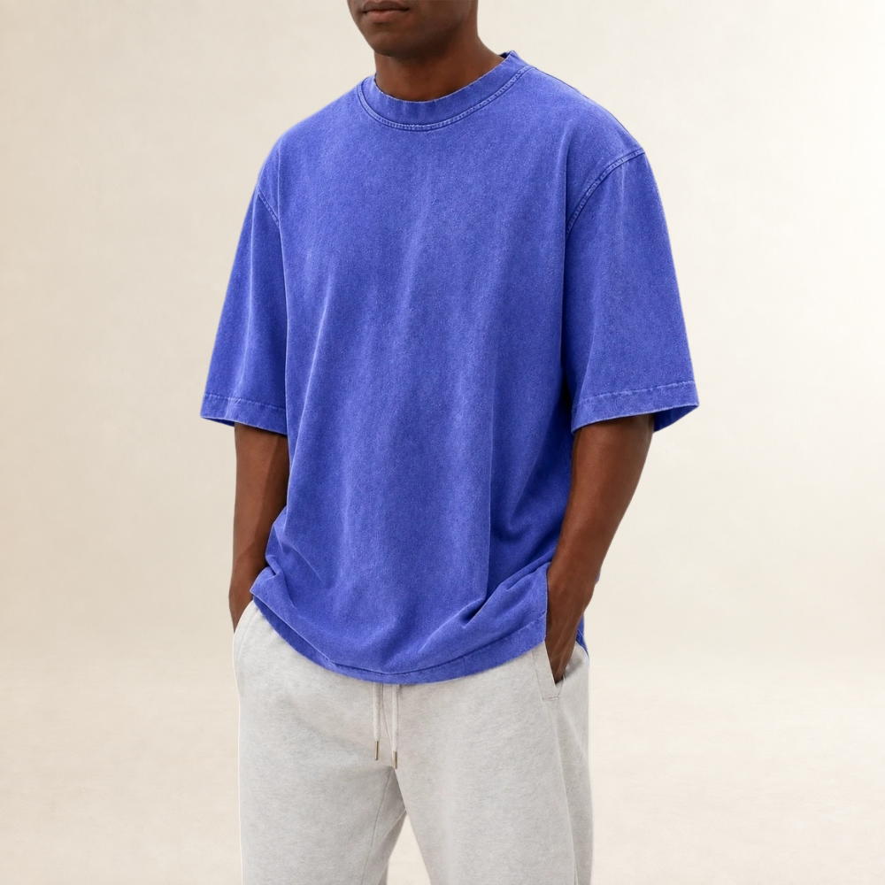 Washed T-Shirt for Men - Relaxed Fit with Short Sleeves and Round Neck
